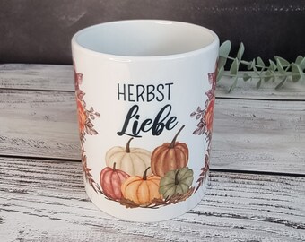 Coffee mug, autumn love design, ceramic mug, tea mug, gift for best friend, pumpkin, Halloween, flowers, leaves, dishwasher safe, 11oz