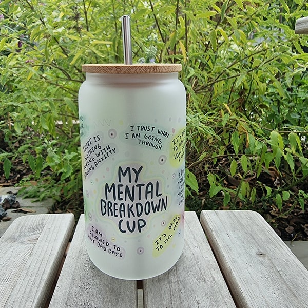 Mental Breakdown Coffee Glass with Bamboo Lid Coffee Cup Coffee Mug Pastel Self Love Affirmation Birthday Gift 16oz (455ml)