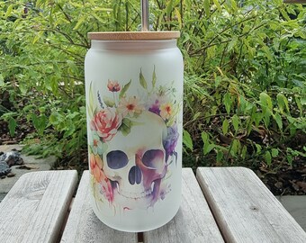 Drinking glass with bamboo lid, coffee cup, mug, skull, toxic, flowers, birthday, gift, Christmas, 16oz (455ml)