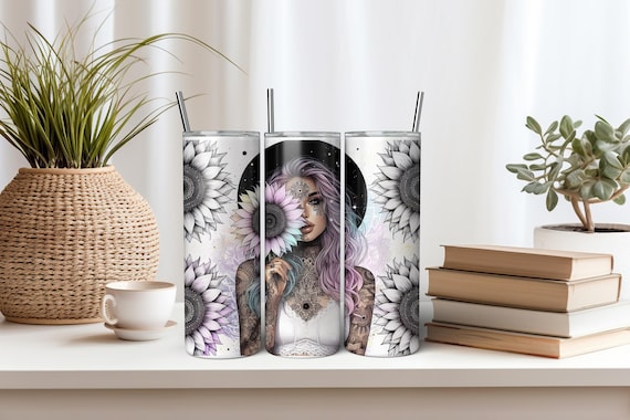 Thermobecher Kaffeebecher Inked Girl with Hat Sunflower Geburtstagsgeschenk Weihnachtsgeschenk  Tumbler Geschenk beste Freundin 20oz