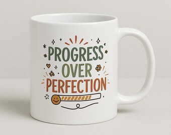 Progress Over Perfection Motivational Mug 11oz Ceramic Gift Christmas Women & Men Inspirational Quotes Office Home Office