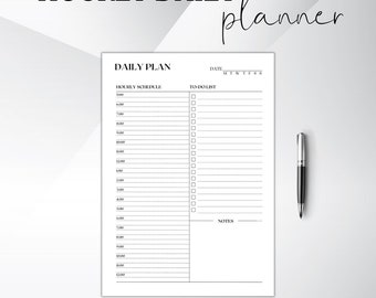 May include: A black and white printable daily planner with a hourly schedule, to-do list, and notes section. The planner is labeled "DAILY PLAN" and has a space for the date and day of the week. The planner is designed for A4 or A5 size paper.