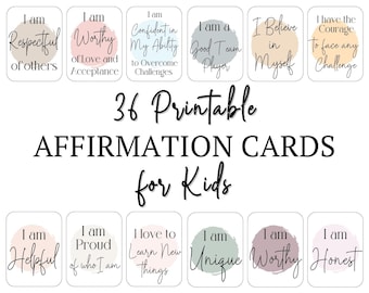 May include: A set of 36 printable affirmation cards for kids. The cards feature positive affirmations written in black script on a white background with a colored circle behind the text. The cards are designed to help children build self-esteem and confidence.