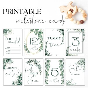 Cartes d'étapes mensuelles imprimables pour bébé, jeu de cartes d'étapes mémorables, cartes d'étapes neutres, eucalyptus|cartes d'étape aquarelle verdure