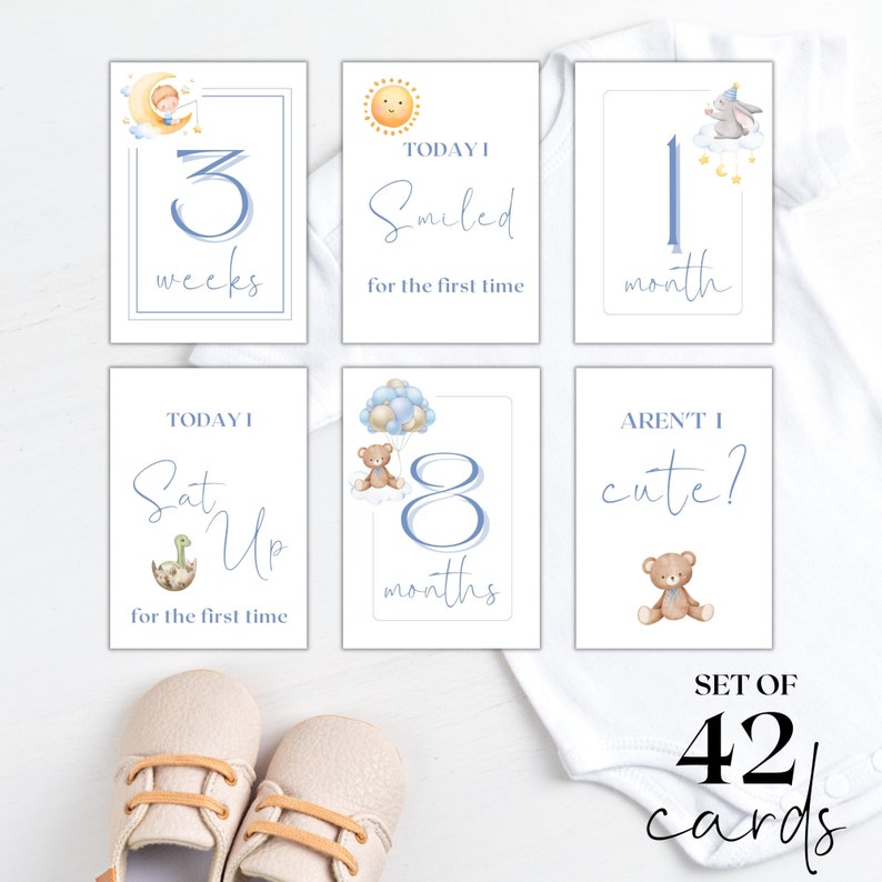Printable Baby Boy Milestone Cards, Keepsake Baby Blue Milestone Cards
