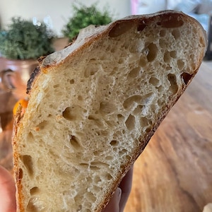 May include: A close-up of a freshly baked loaf of bread, showing the soft, airy crumb and the golden brown crust.
