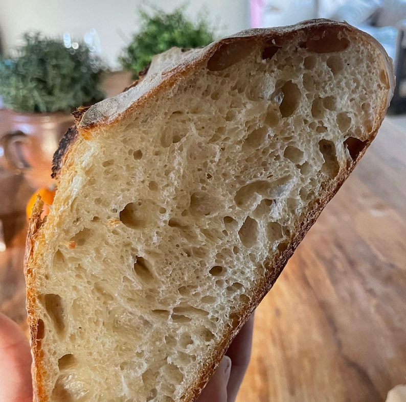 May include: A close-up of a freshly baked loaf of bread, showing the soft, airy crumb and the golden brown crust.