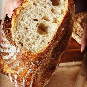 May include: A close-up of a freshly baked loaf of sourdough bread, showing the airy, bubbly texture of the crumb. The crust is golden brown and slightly crispy.
