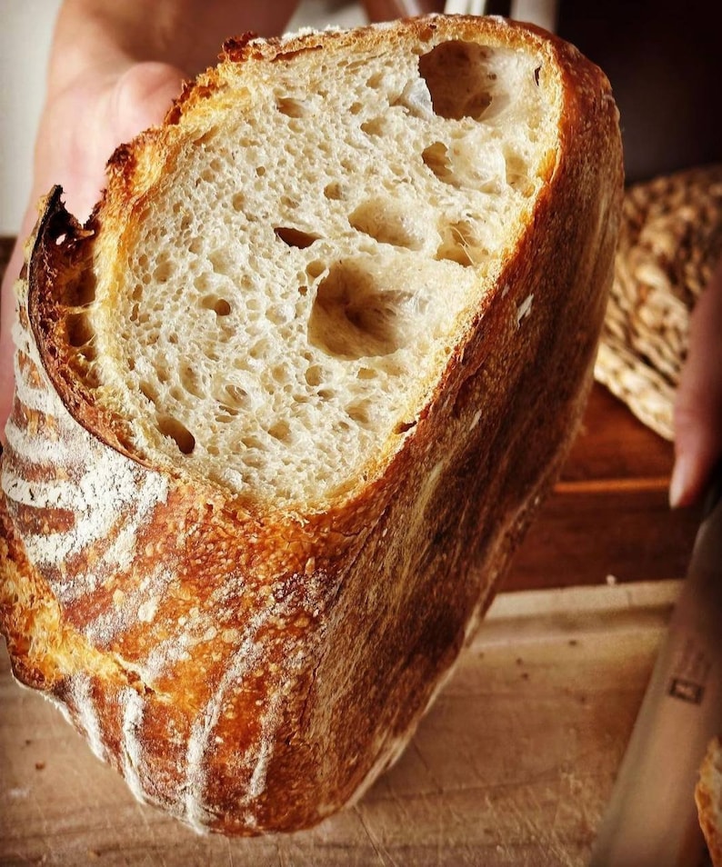May include: A close-up of a freshly baked loaf of sourdough bread, showing the airy, bubbly texture of the crumb. The crust is golden brown and slightly crispy.