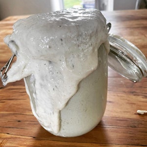 May include: A glass jar filled with a white, bubbly sourdough starter. The starter has risen and overflowed from the jar, creating a thick, creamy layer on top.
