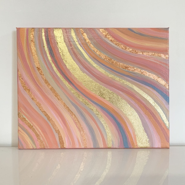 Petit Tableau Acrylique Vagues Rayures Rose Feuilles d'Or Cuivre Décoration Murale