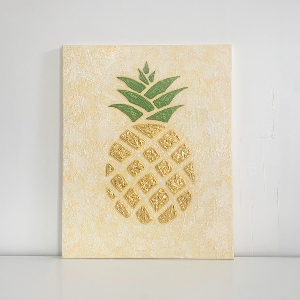 Tableau Peinture Acrylique Ananas Texturé Relief Jaune Vert Feuille d'Or Symbole Abstrait