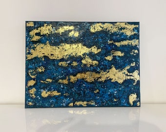 Tableau Peinture Acrylique Bleu Abstraite Feuille d'Or Décoration Murale