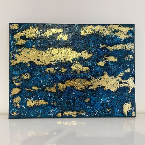 Tableau Peinture Acrylique Bleu Abstraite Feuille d'Or Décoration Murale