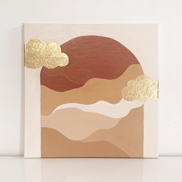 Tableau Minimaliste Vagues Terracotta Nuages Géométrique Feuille d'Or