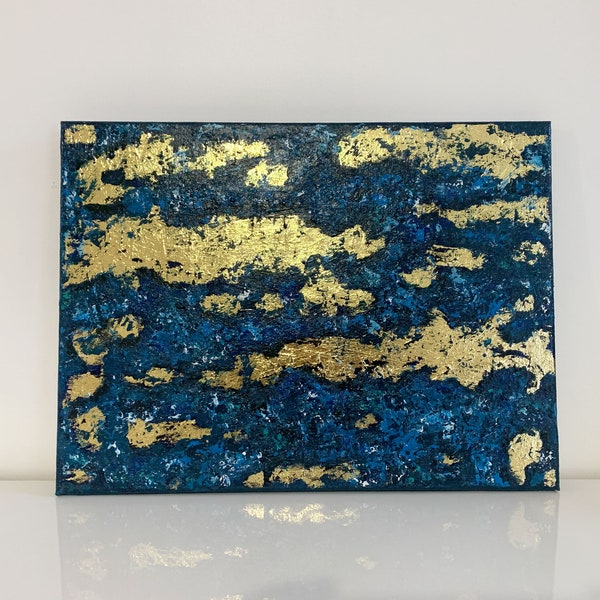 Tableau Peinture Acrylique Bleu Abstraite Feuille d'Or Décoration Murale