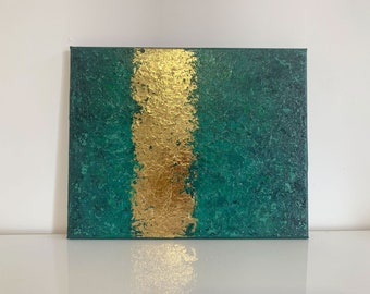 Petit Tableau Peinture Acrylique Or Dégradé Vert Bleu