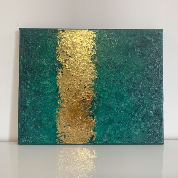 Petit Tableau Peinture Acrylique Or Dégradé Vert Bleu