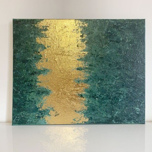 Tableau Peinture Acrylique Bleu Vert Feuille d'Or Dégradé Abstrait