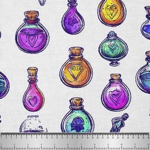 May include: A repeating pattern of colorful potion bottles with cork stoppers. The bottles are various shapes and sizes, filled with purple, pink, green, and yellow liquids. Some bottles have heart, and other decorative designs.