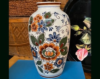 Vintage Vase by Royal Polychroom Handiwerk, Made in Holland, Beautifully Hand Painted in orange, blue, olive green and rusty red florals