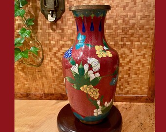 Vintage Cloisonné-Vase, bunt geblümte Emaille auf Messing, 20 cm