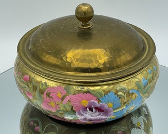 Vintage Brass Container, Hand Painted with Lid, Signed with a Hammered finish