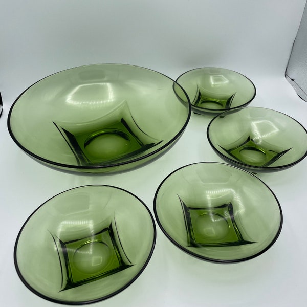 Vintage Green Glass Serving Bowl Set, Hazel Atlas Capri Colony Line, One large round bowl, four small bowls, Square bottom Style, MCM