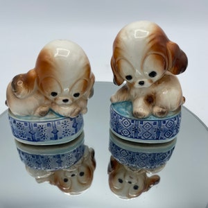 Adorable Vintage Puppy Salt and Pepper Shakers, Big-Eyed Pups sitting on tuffets, Original Sticker, Brinn&#39;s Pittsburgh, PA, Made in Japan