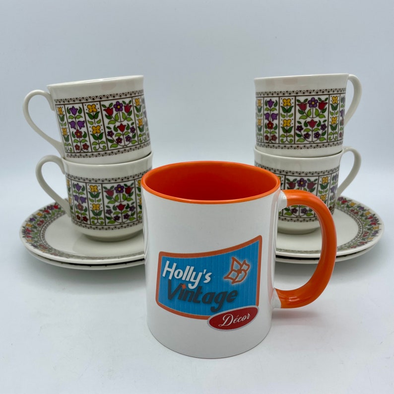 Set of 4 Vintage Royal Doulton Cups and Saucers, Fireglow Pattern