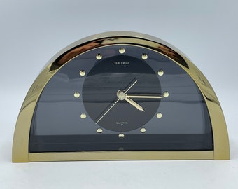Vintage Seiko Brass Table Top Clock, Half-Moon, Transparent Smoky Acrylic Made in Japan, Sophisticated Office Decor, Mantel Piece 1980's ,