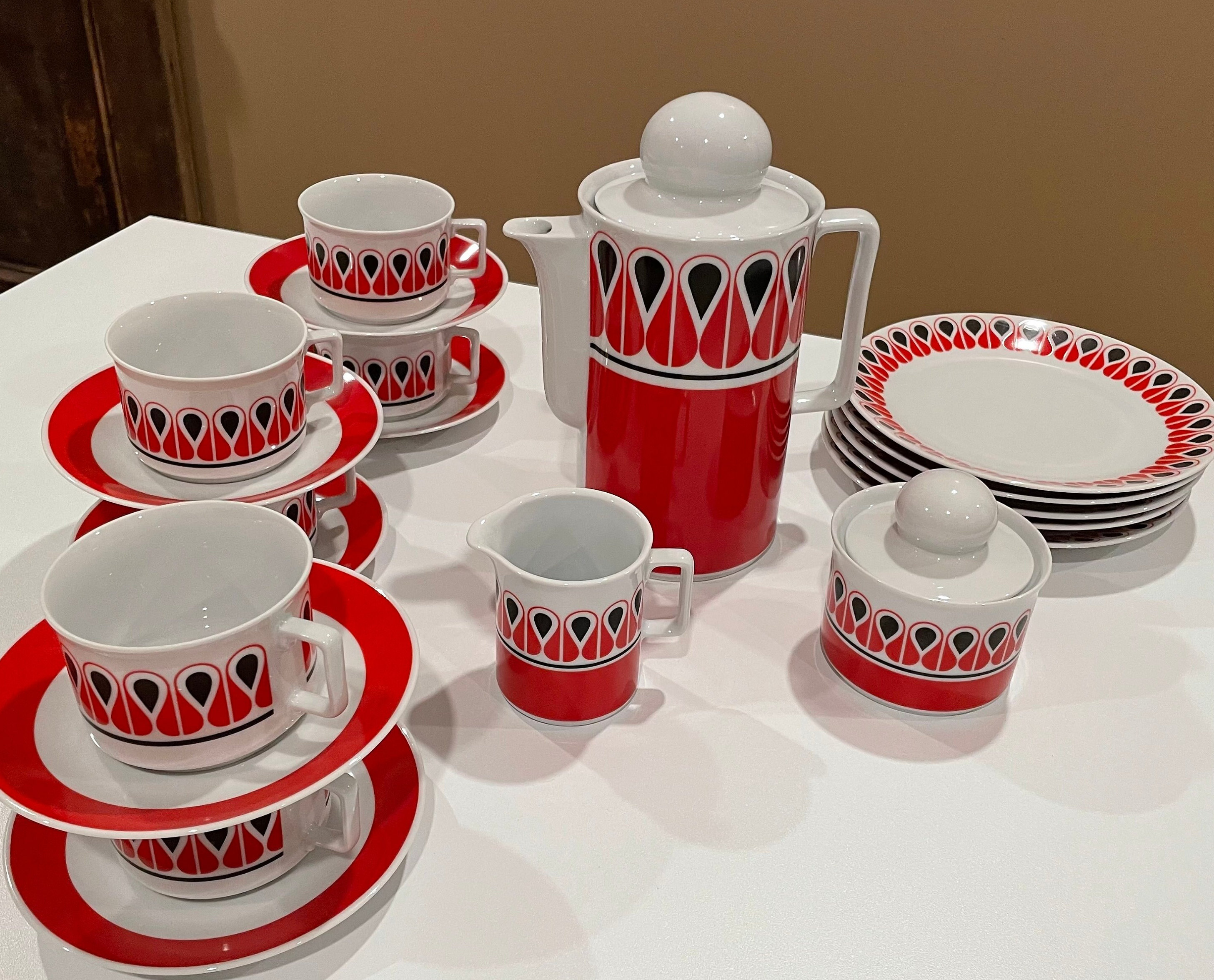 Vintage Schirnding Bavaria Luncheon Set, Danish Modern, Red Black