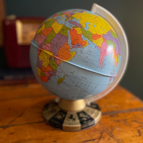Vintage Pressed Tin World Globe, Designed with Zodiac Signs and specific calendar days, weeks themed Tin Globe, Ohio Art Bank, 1960's