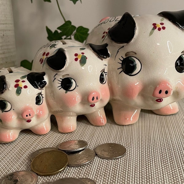 Vintage Three Piggy, Piggy Bank, Made by Relco in Japan, 1950's, Hard to Find, Each labeled for School, Goodies and Fun