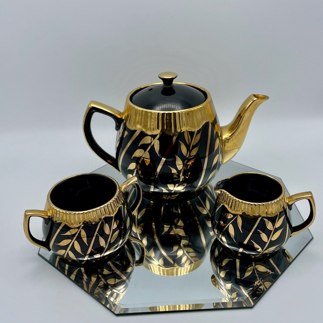 Vintage Black and Gold Tea Set, Gibson's Three Piece Set, Gold Leaf