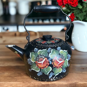 vintage peint à la main, grande bouilloire à thé noir, cuisine de ferme, décoration uniquement, style shabby chic, fabriqué au Canada, bien aimé, années 1980