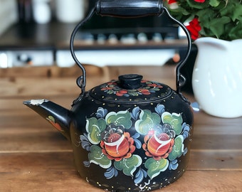 Vintage Hand Painted, Large Black Tea Kettle, Farmhouse Kitchen, Decor only, Shabby Chic style, Wear-Ever made in Canada, Well Loved, 1980s