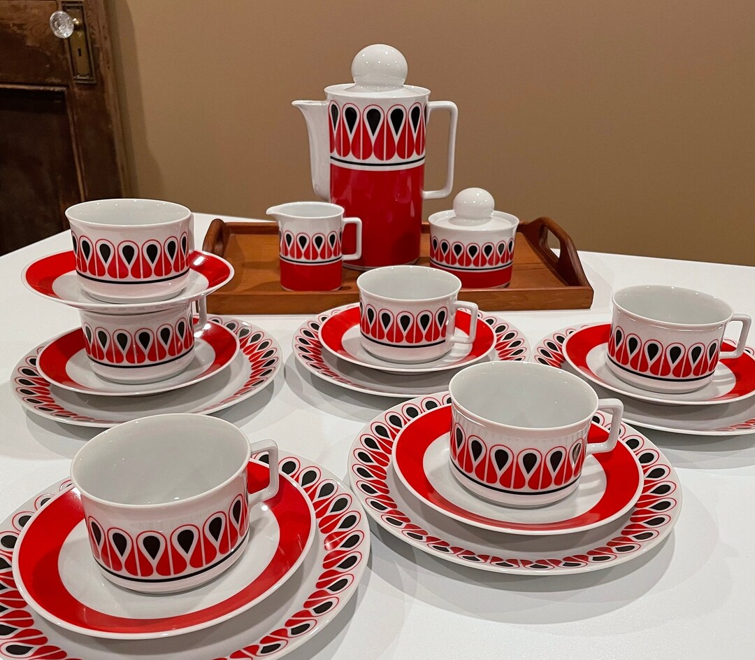 Vintage Schirnding Bavaria Luncheon Set, Danish Modern, Red Black