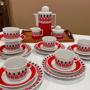 Vintage Schirnding Bavaria Luncheon Set, Danish Modern, Red Black