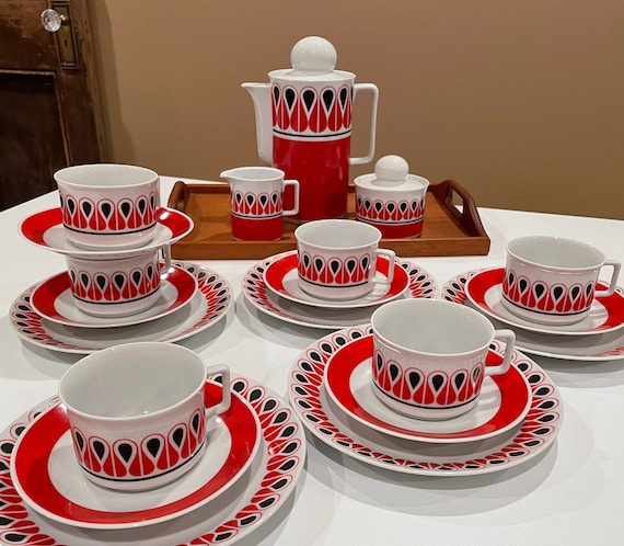 Vintage Schirnding Bavaria Luncheon Set, Danish Modern, Red Black