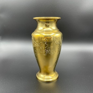 Vintage Brass Vase, Hand Etched with flowers and birds, very reflective and shiny, 7" tall and heavy at 1.5 pounds, 1970s