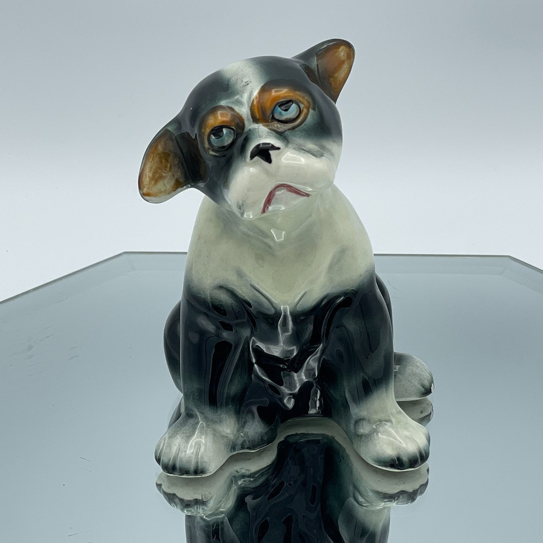 Vintage Boxer Dog Figurine Made in Japan, Black and White Dog Figurine