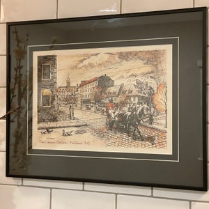 Vintage Framed Water Colored Ink Print, Place Jacques Cartier, in Old Montreal Signed by A.J. Maurius, finely detailed, 1980's