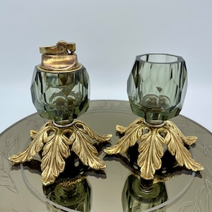 Vintage Table Lighter and Candle Holder matching set, Hollywood Regency, Faceted Smoked Glass with gold-coloured metal base, 1950's Bling