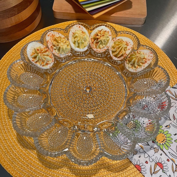 Vintage Devilled Egg Serving Plate, Indiana Glass, Clear in Hobnail pattern, Elegant Clear Glass Serving Platter