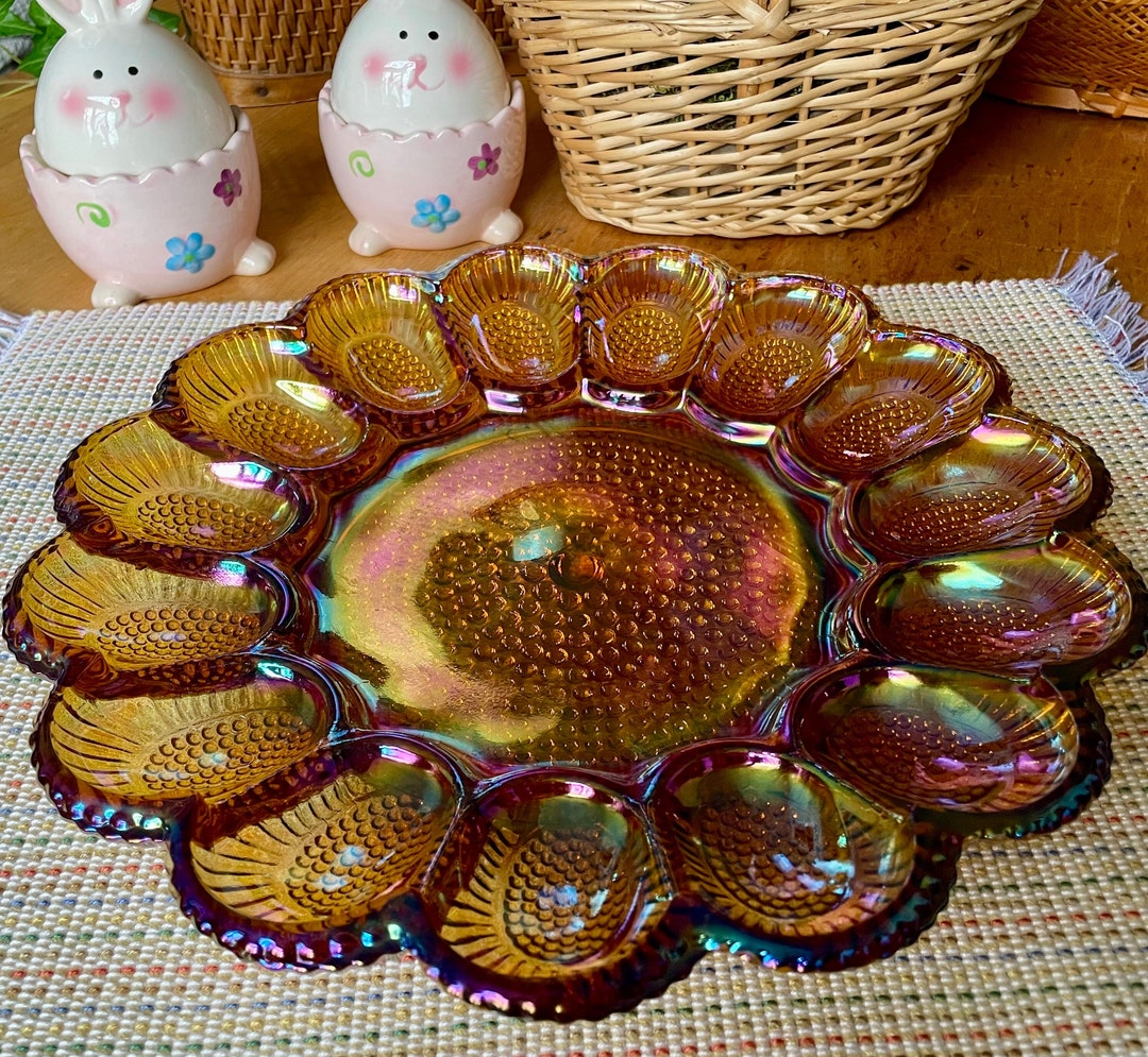 Vintage Carnival Glass Devilled Egg Serving Plate, Indiana Glass, Amber