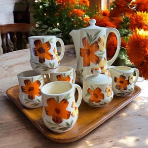 Vintage Soft Yellow Handgemaltes Floral Tee Set, Teekanne, Creme, Covered Sugar, vier Tassen, ausgezeichneter Zustand, Nagoya Japan