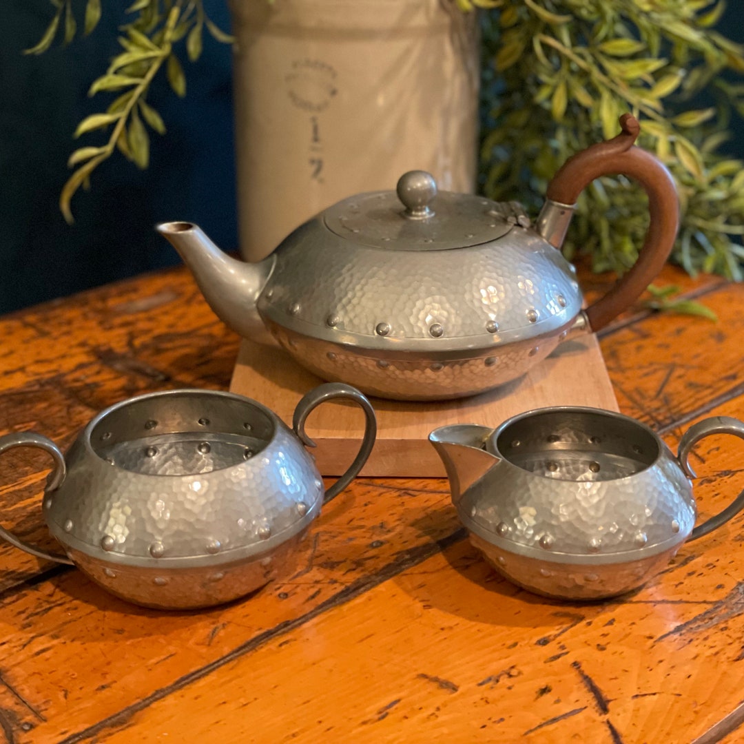Hand Hammered Pewter Tea Service With Wooden Teapot Handle Etsy