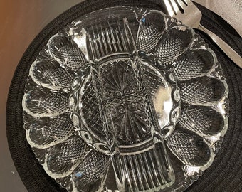 vintage L.E. Plat d'oeufs diaboliques en verre Smith, assiette de service Relish
