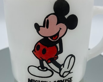 Taza vintage de Mickey Mouse en vidrio con leche, combinación inusual de cara rosa y zapatos blancos, Federal Glass, taza con asa en forma de D, Walt Disney Productions